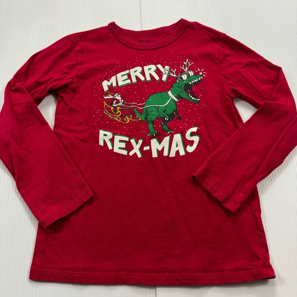 JK98. Place Red 'Merry Rex-Mas' Dinosaur Long Sleeve Tee (M 7/8)
